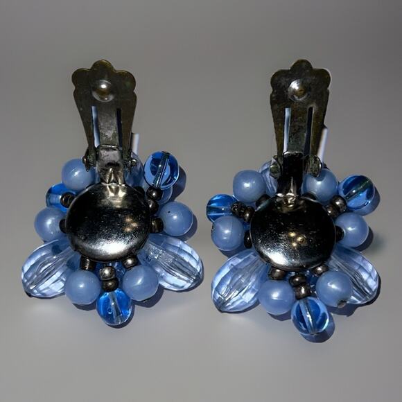Vtg West Germany Clip On Earrings - Light Ice Blue Costume Cluster Faceted Beads - Picture 6 of 6